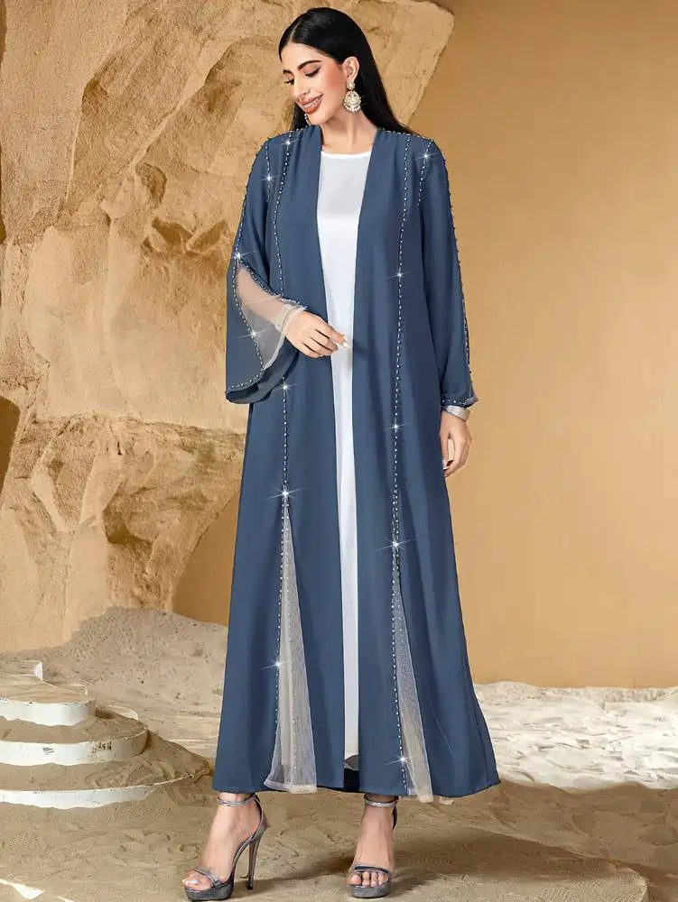 Hand-stitched Rhinestone Beads Cardigan Open Abaya Dress #254078