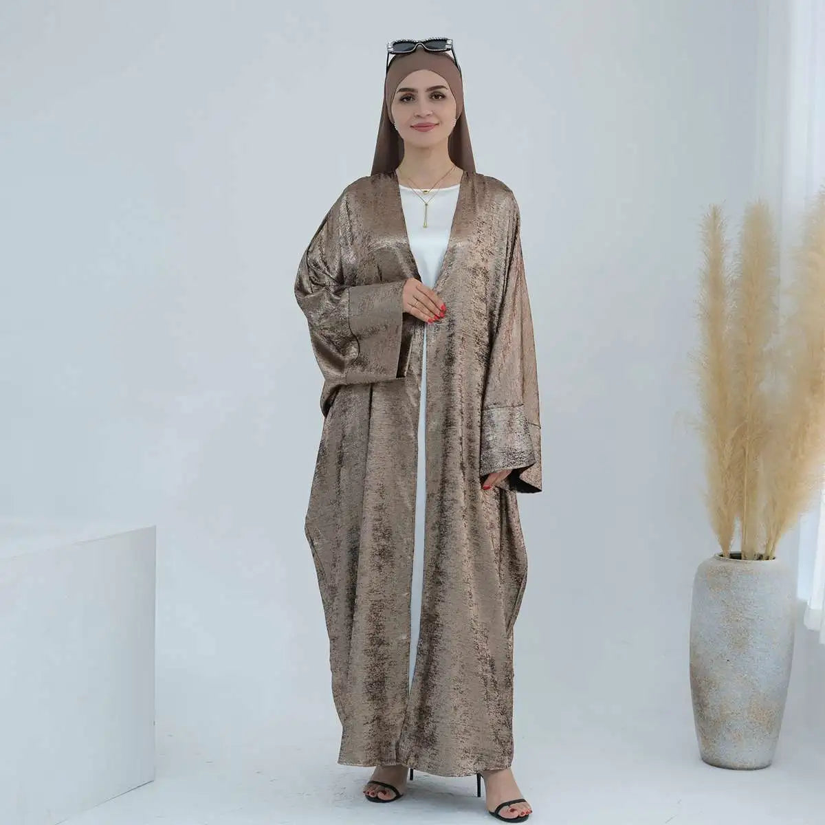 Bronzing Fabric Muslim Women Cardigan Open Abaya Dress