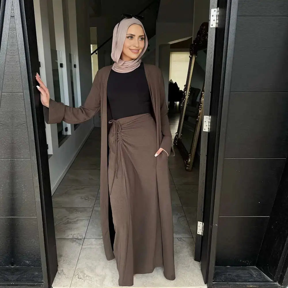 muslim dress for women Muslim Women Daily Wear 2 Pieces Set Open Abaya Dress With Skirt #251091