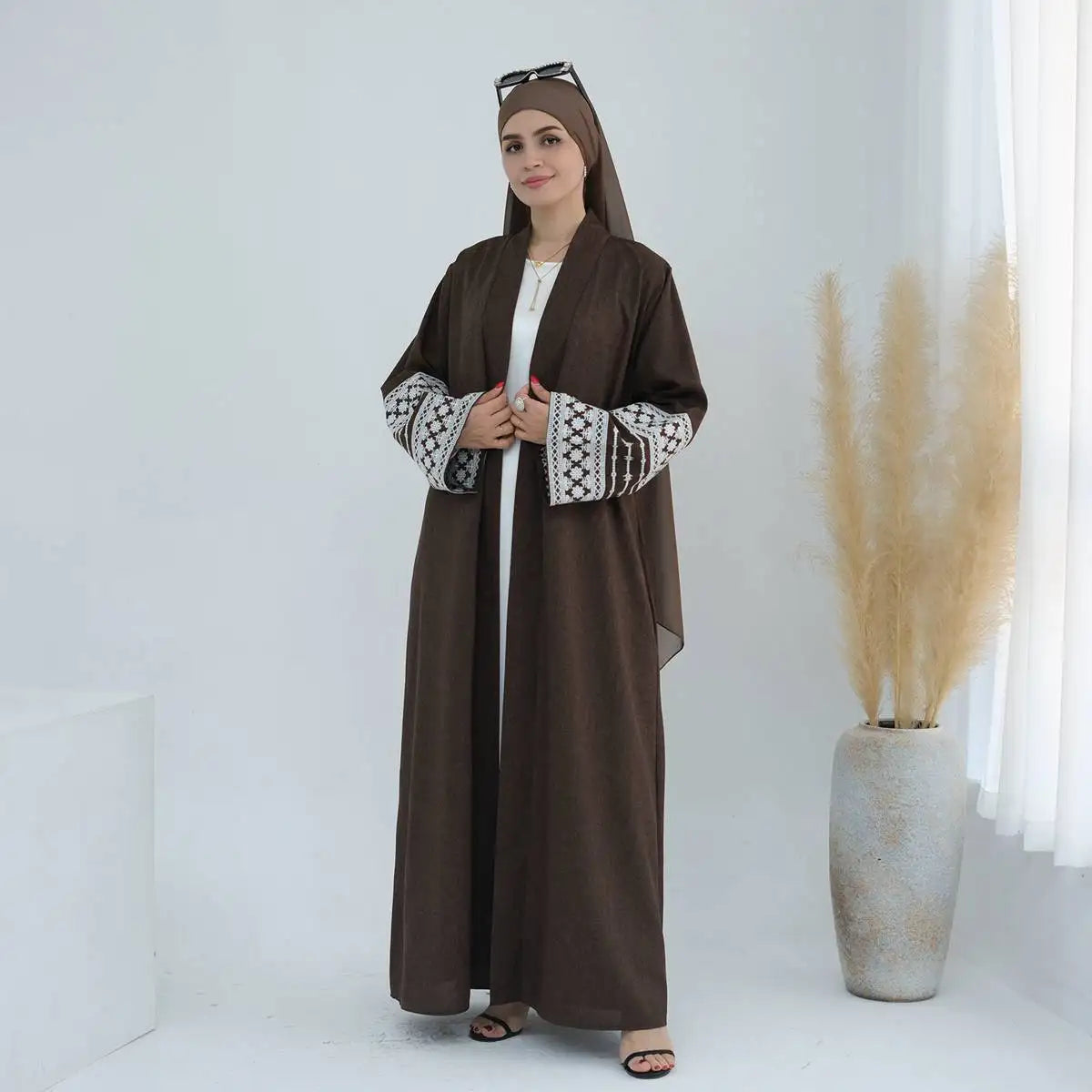 Embroidery Sleeve Cardigan Open Abaya Dress