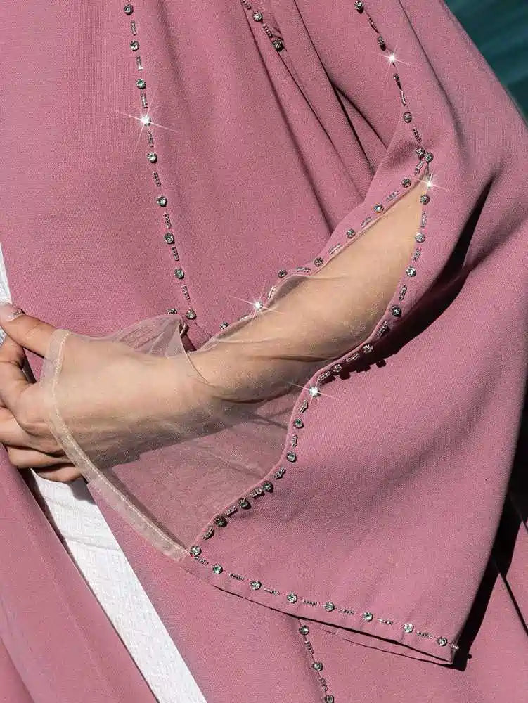 Hand-stitched Rhinestone Beads Cardigan Open Abaya Dress #254078