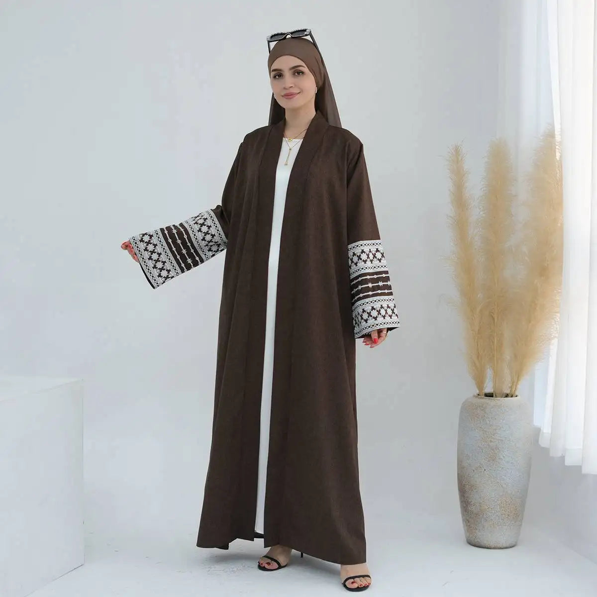 Embroidery Sleeve Cardigan Open Abaya Dress
