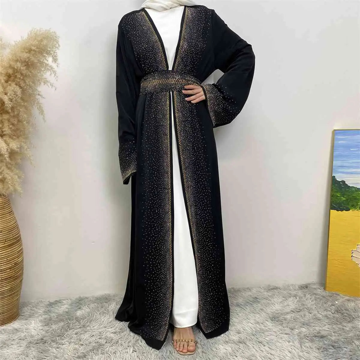 With Pocket Hotfix Rhinestone Nida Open Abaya Dress