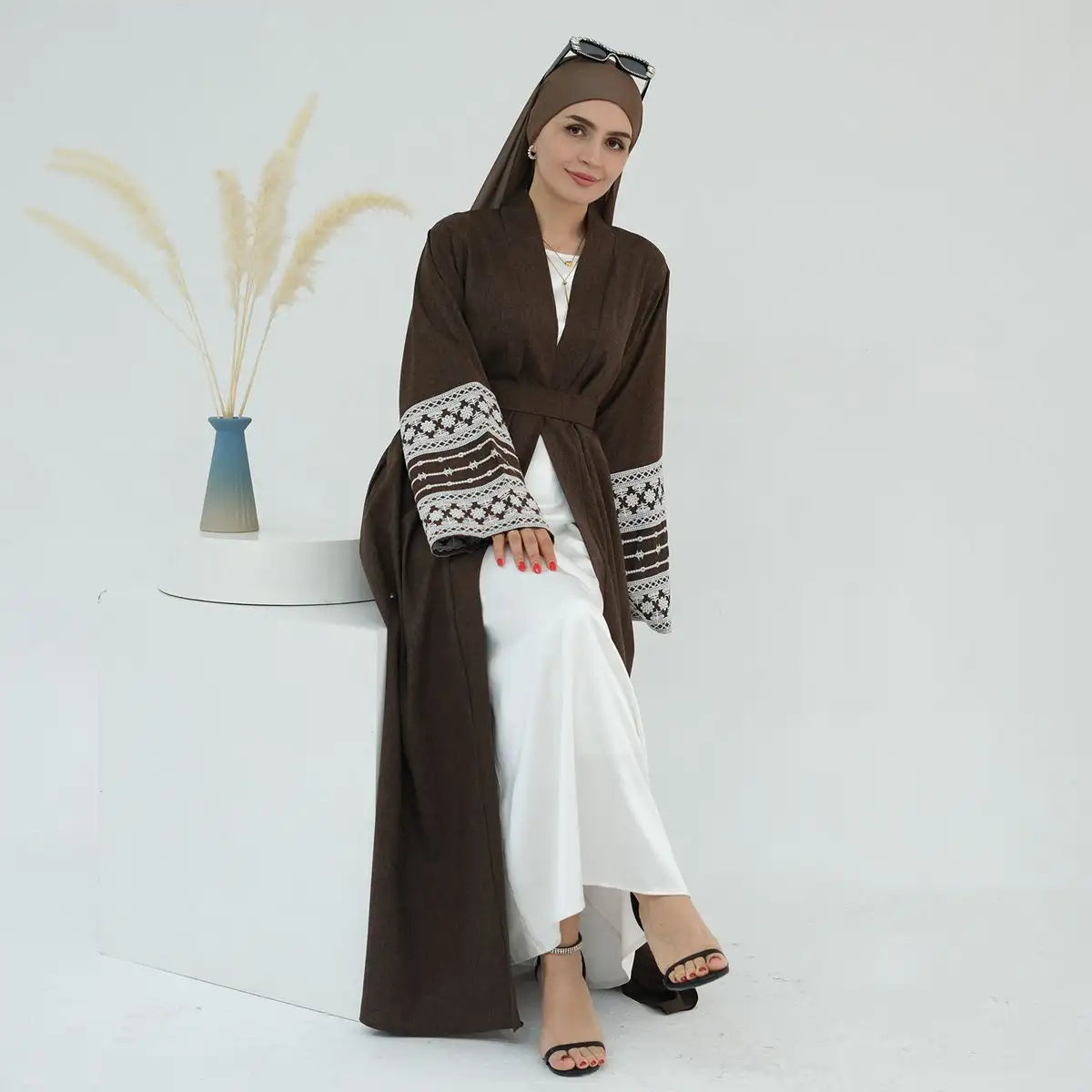 Embroidery Sleeve Cardigan Open Abaya Dress