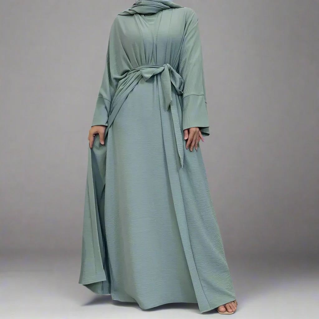 2 Pieces Set Wrinkle Abaya Dress Set With Open Abaya And Sleeveless In Urgarment 2 Pieces Set Wrinkle Abaya Dress Set With Open Abaya And Sleeveless In Urgarment