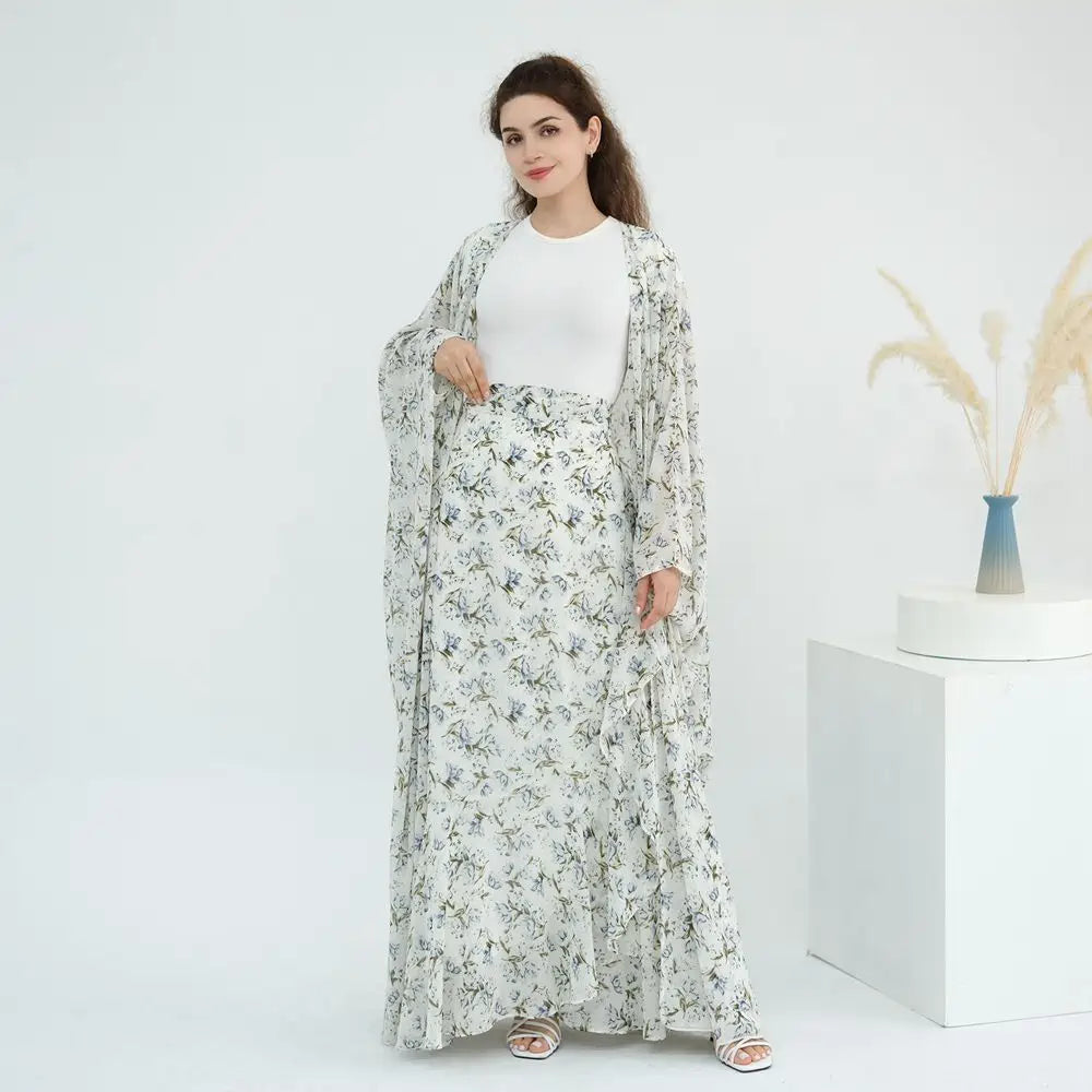 2 Pieces Set Chiffon Printed Open Abaya Dress With Skirt #251031