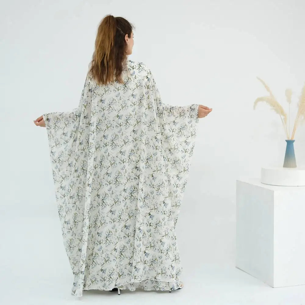 2 Pieces Set Chiffon Printed Open Abaya Dress With Skirt #251031