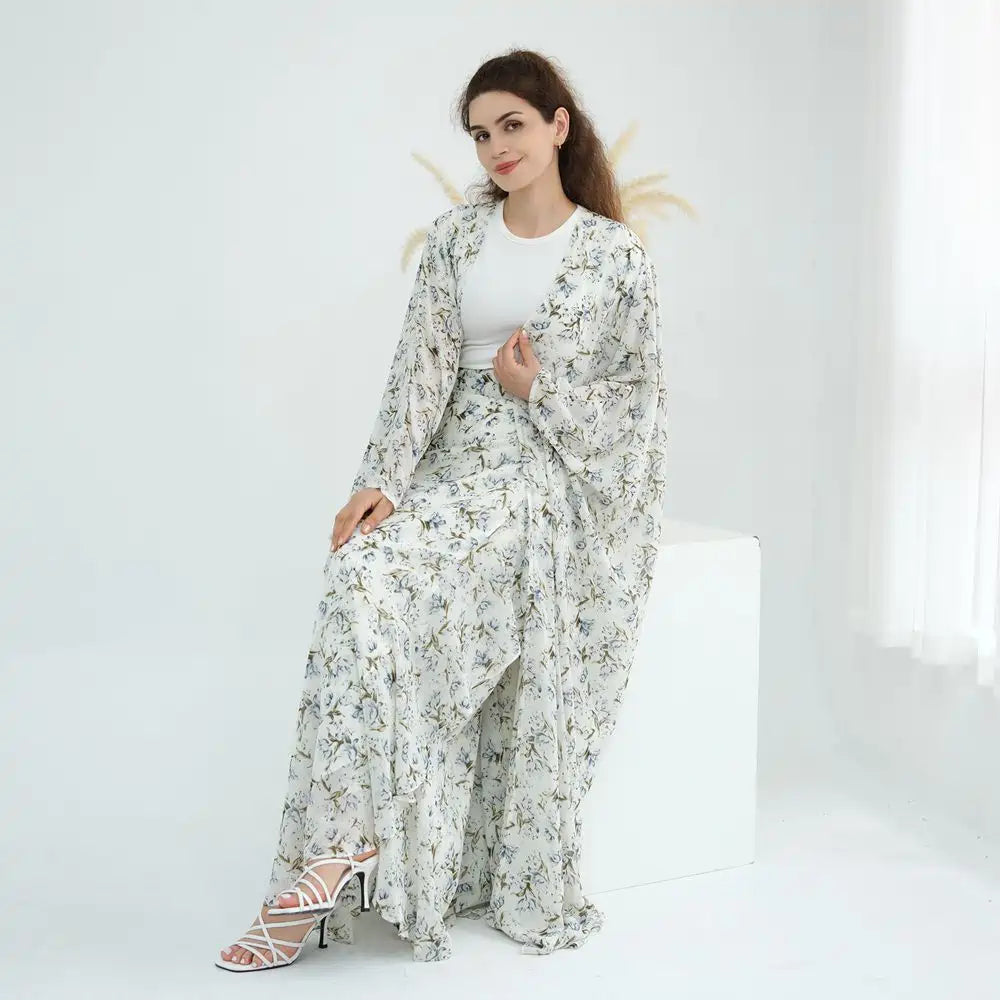 2 Pieces Set Chiffon Printed Open Abaya Dress With Skirt #251031