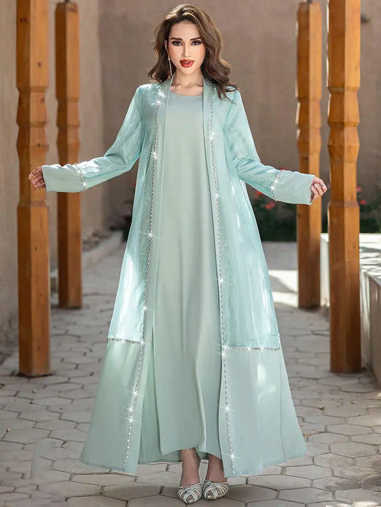 Hand-stitched Rhinestone 2 Pieces Set Open Abaya Dress Set With Inner Dress #255188