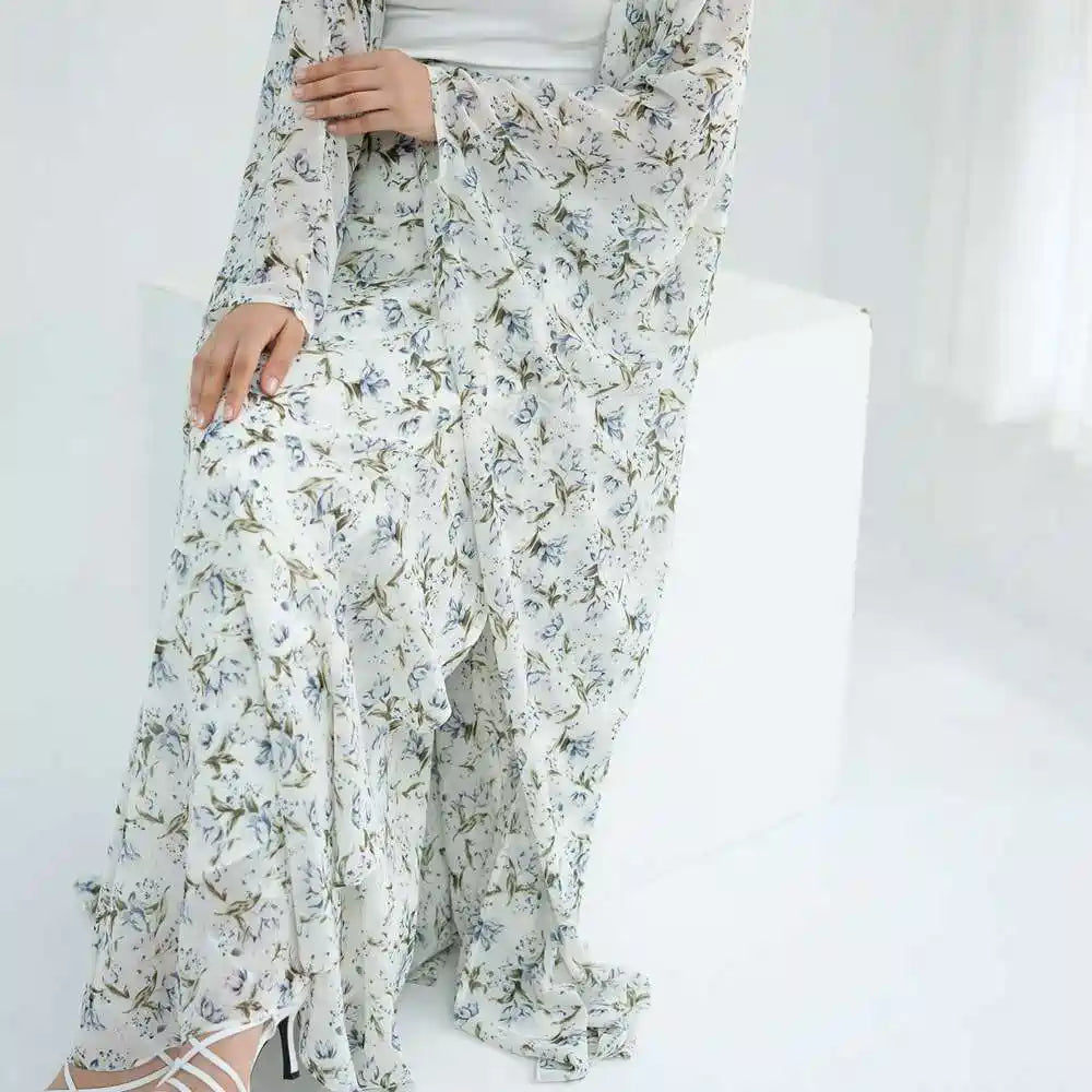 2 Pieces Set Chiffon Printed Open Abaya Dress With Skirt #251031
