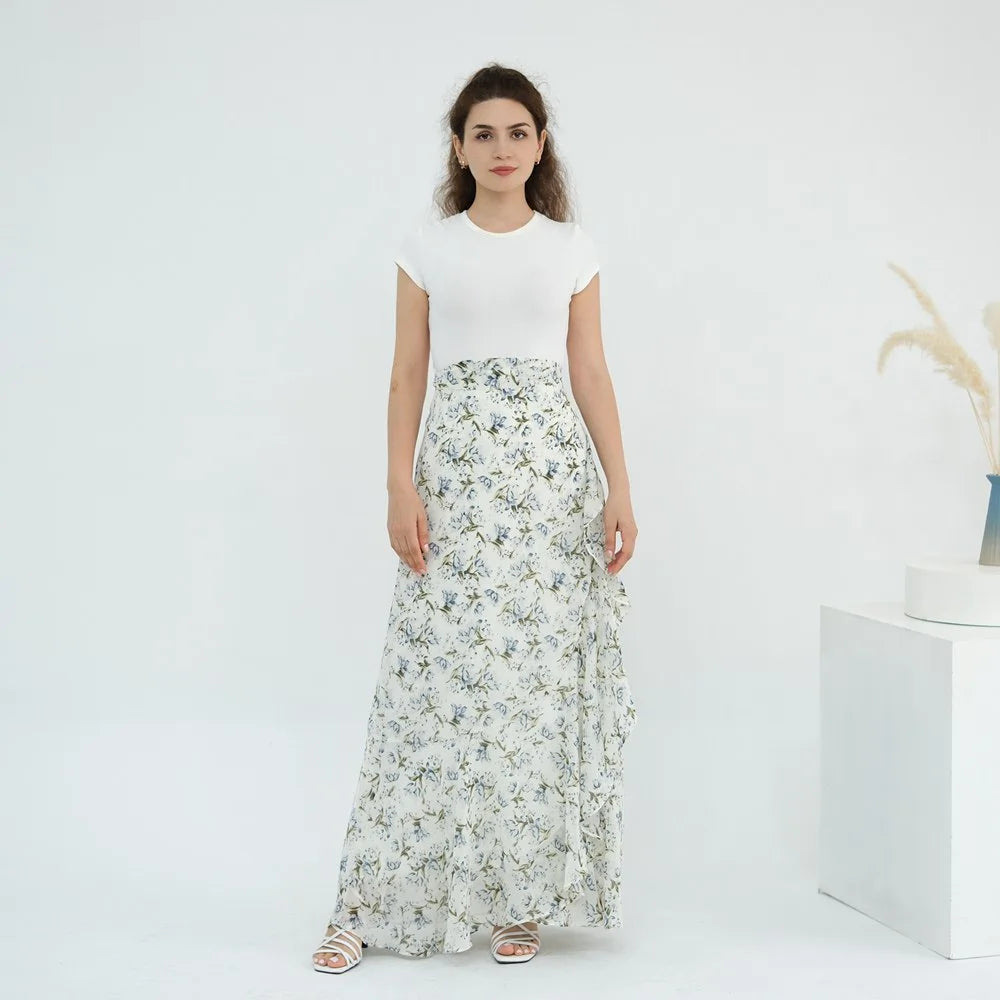 2 Pieces Set Chiffon Printed Open Abaya Dress With Skirt #251031