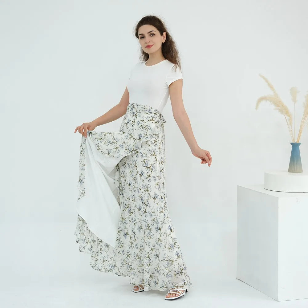 2 Pieces Set Chiffon Printed Open Abaya Dress With Skirt #251031