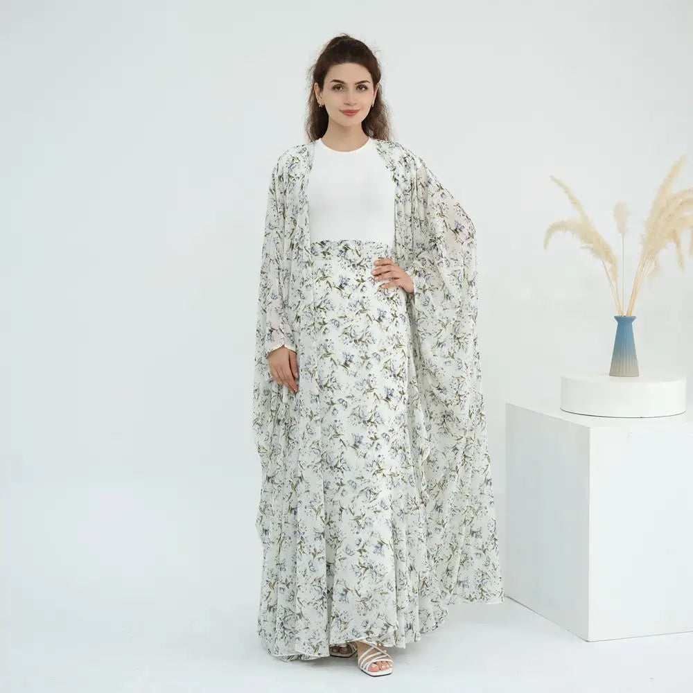 2 Pieces Set Chiffon Printed Open Abaya Dress With Skirt #251031