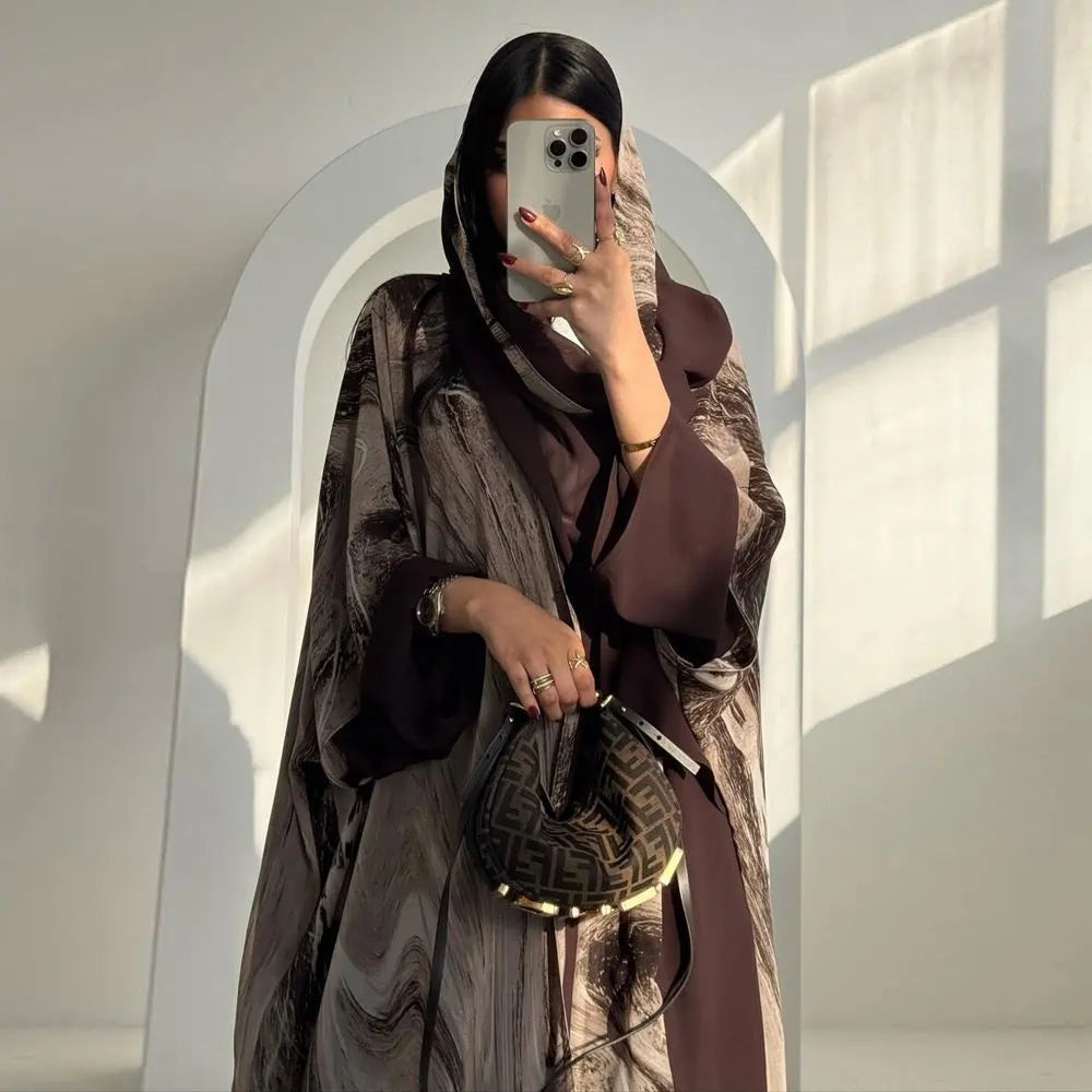 Chiffon Printed Cardigan Open Abaya Dress With Matching Hijab #25222