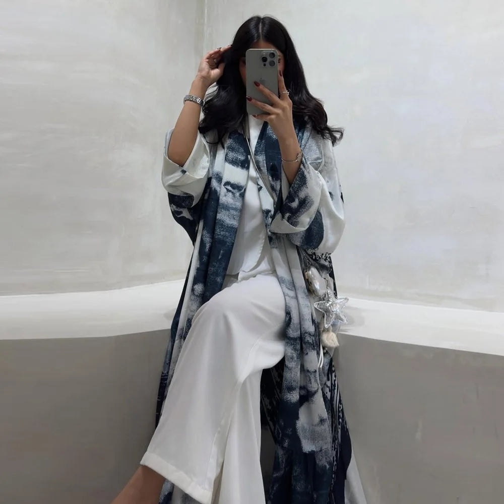 Chiffon Printed Cardigan Open Abaya Dress With Matching Hijab #25228