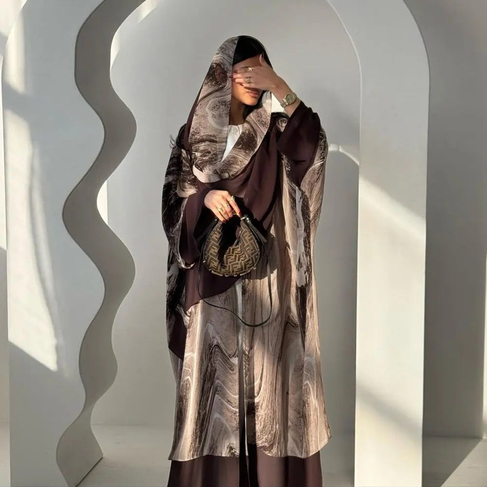 Chiffon Printed Cardigan Open Abaya Dress With Matching Hijab #25222