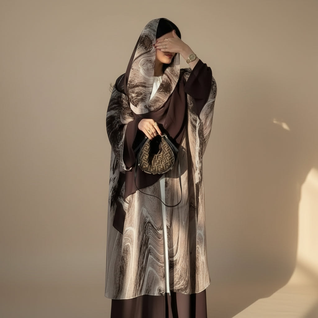 Chiffon Printed Cardigan Open Abaya Dress With Matching Hijab #25222