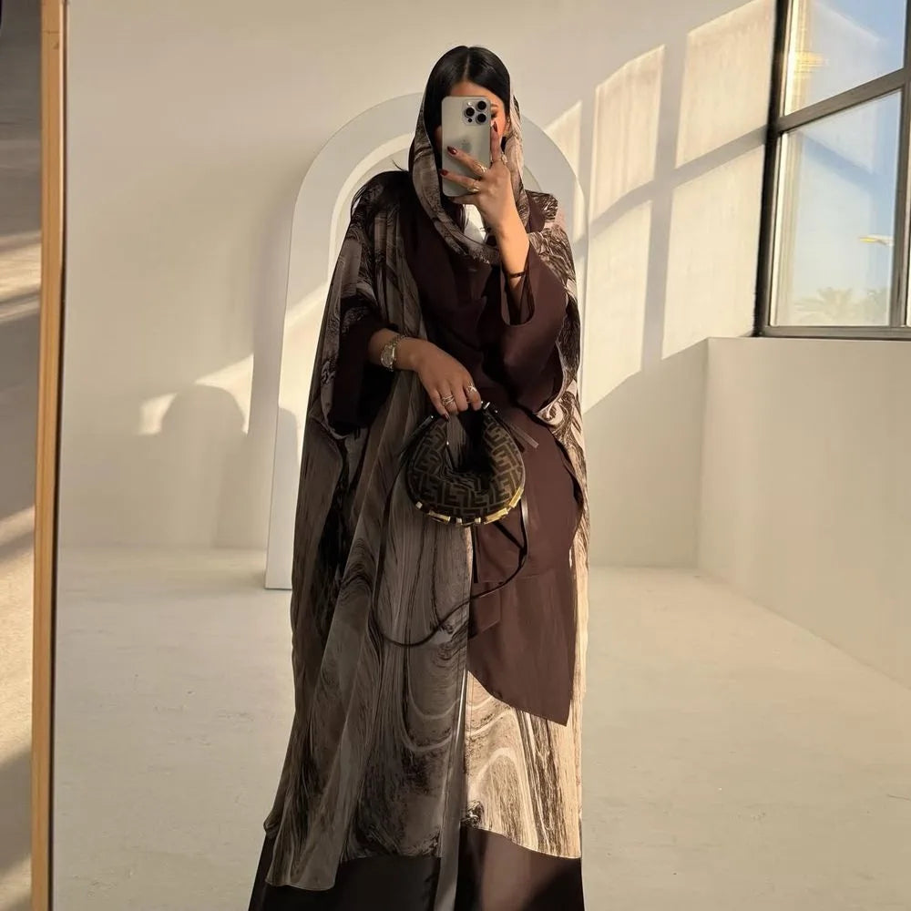 Chiffon Printed Cardigan Open Abaya Dress With Matching Hijab #25222