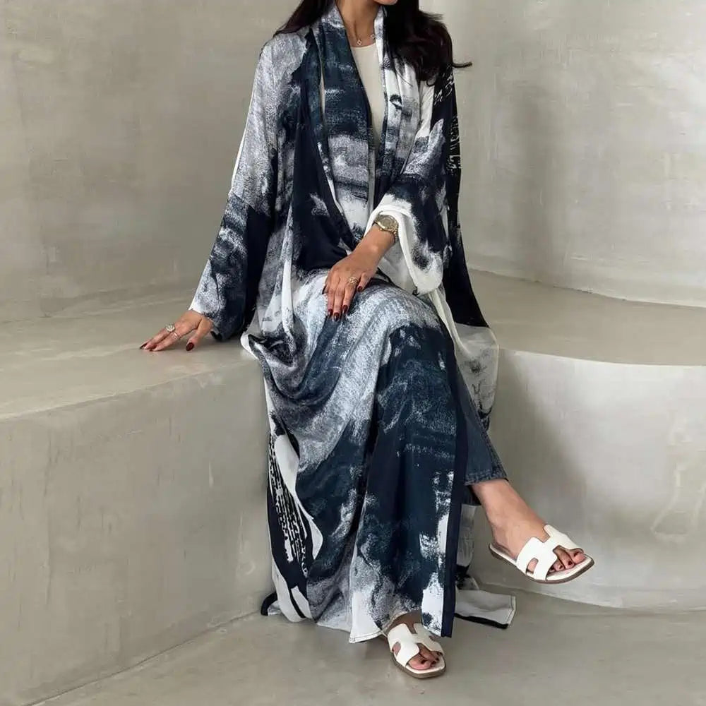 Chiffon Printed Cardigan Open Abaya Dress With Matching Hijab #25228