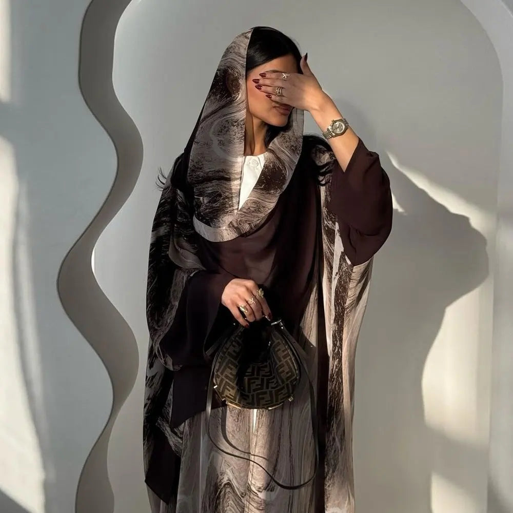 Chiffon Printed Cardigan Open Abaya Dress With Matching Hijab #25222