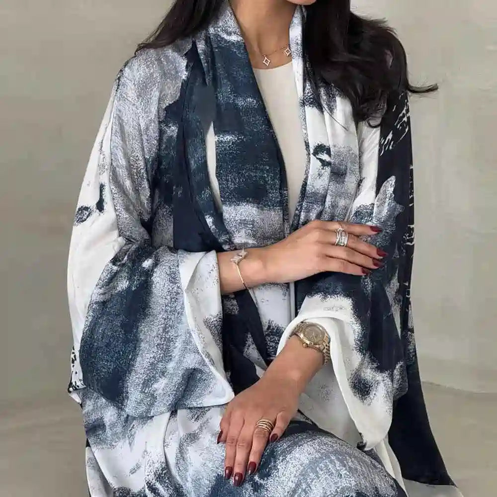 Chiffon Printed Cardigan Open Abaya Dress With Matching Hijab #25228