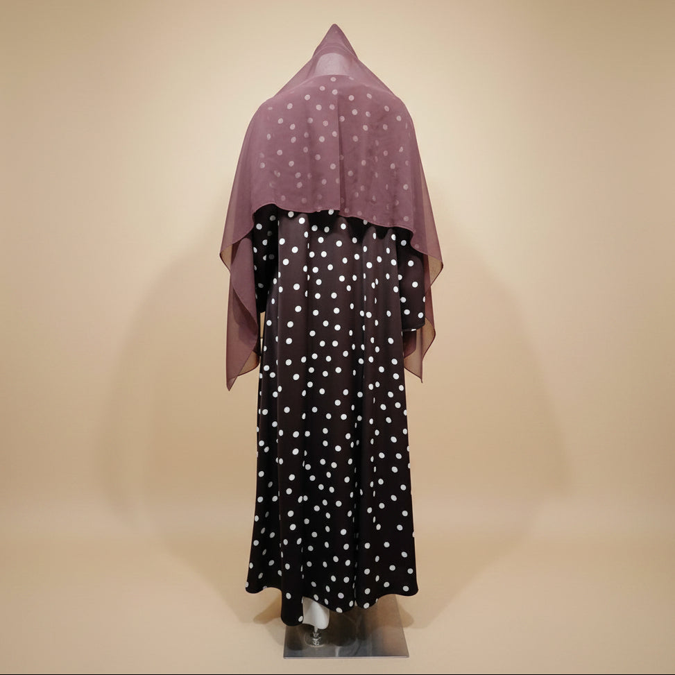 Polka Dot Printed Open Abaya Dress For Women - With Matching Hijab - Black - #26277