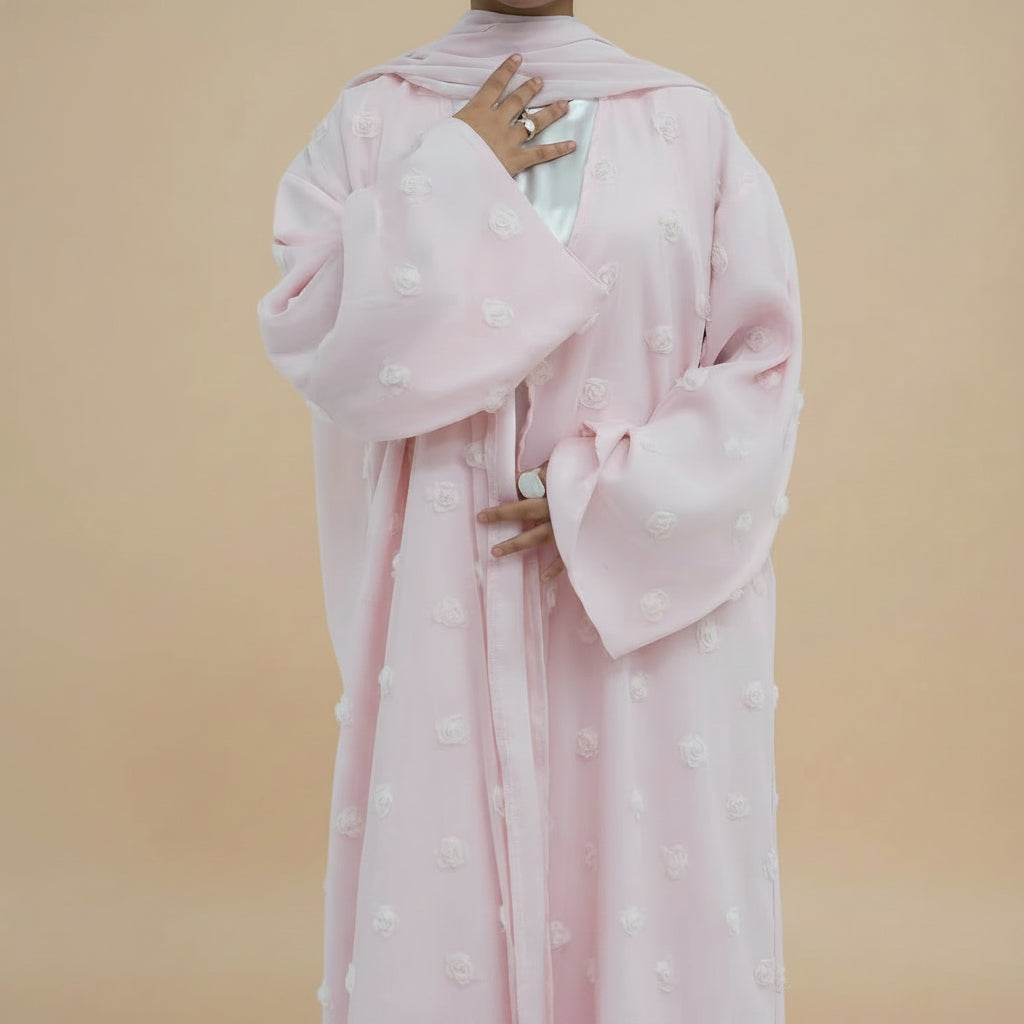 3D Floral Embellishments Open Abaya Dress - Double Layers Fabric - With A Matching Hijab - For Muslim Women - #261187