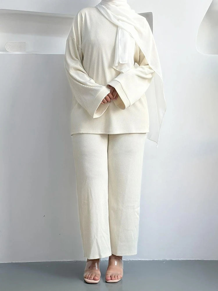 Corduroy Muslim Women 2 Pieces Suit Set Tops And Pants