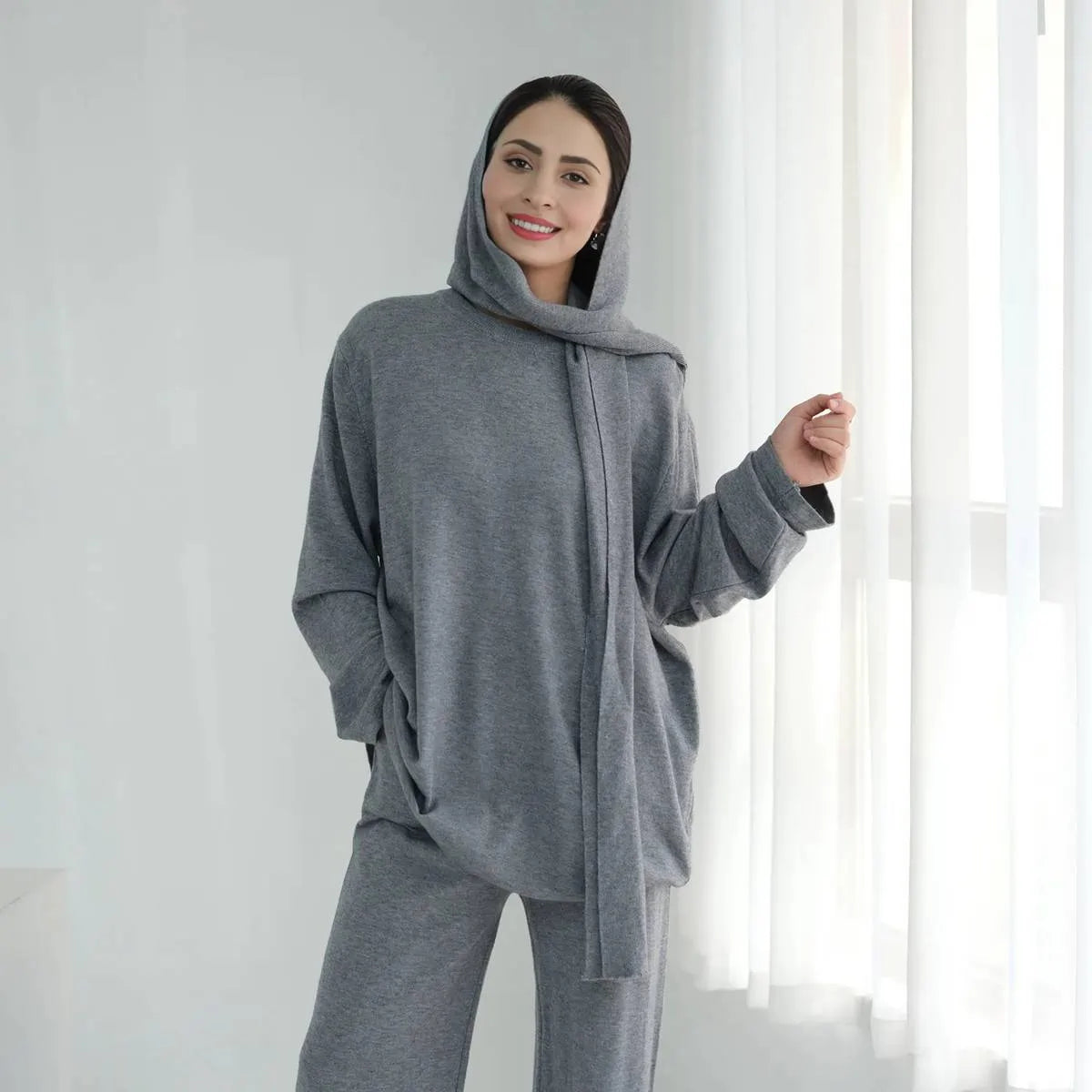 Winter Fall Muslim Women Knitted 2 Pieces Set Tops And Pants Suit Set #25W001