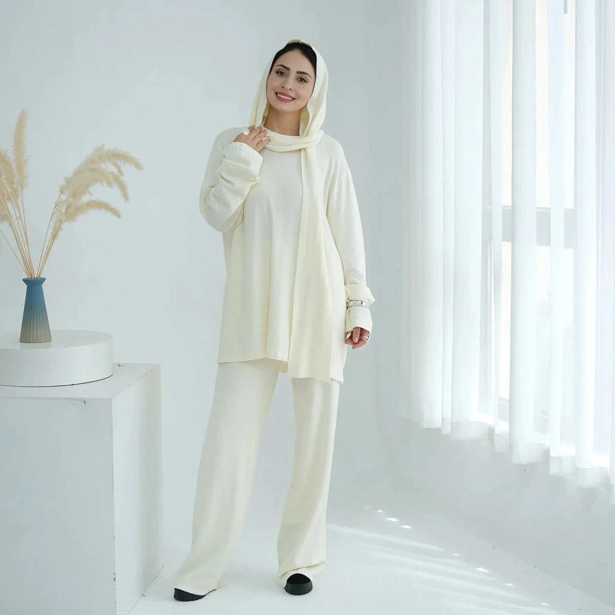 Winter Fall Muslim Women Knitted 2 Pieces Set Tops And Pants Suit Set #25W001