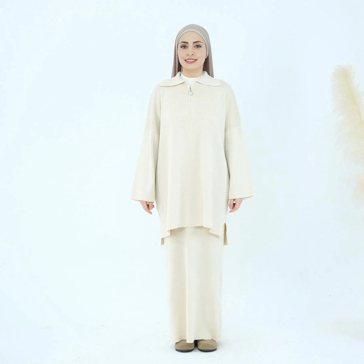 Winter Fall Muslim Women Thick Knitted 2 Pieces Set Tops And Skirt Suit Set #25929