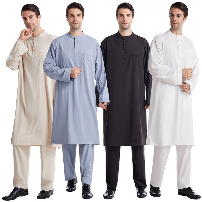 Arab Men Solid Color Thobe Set With Pant