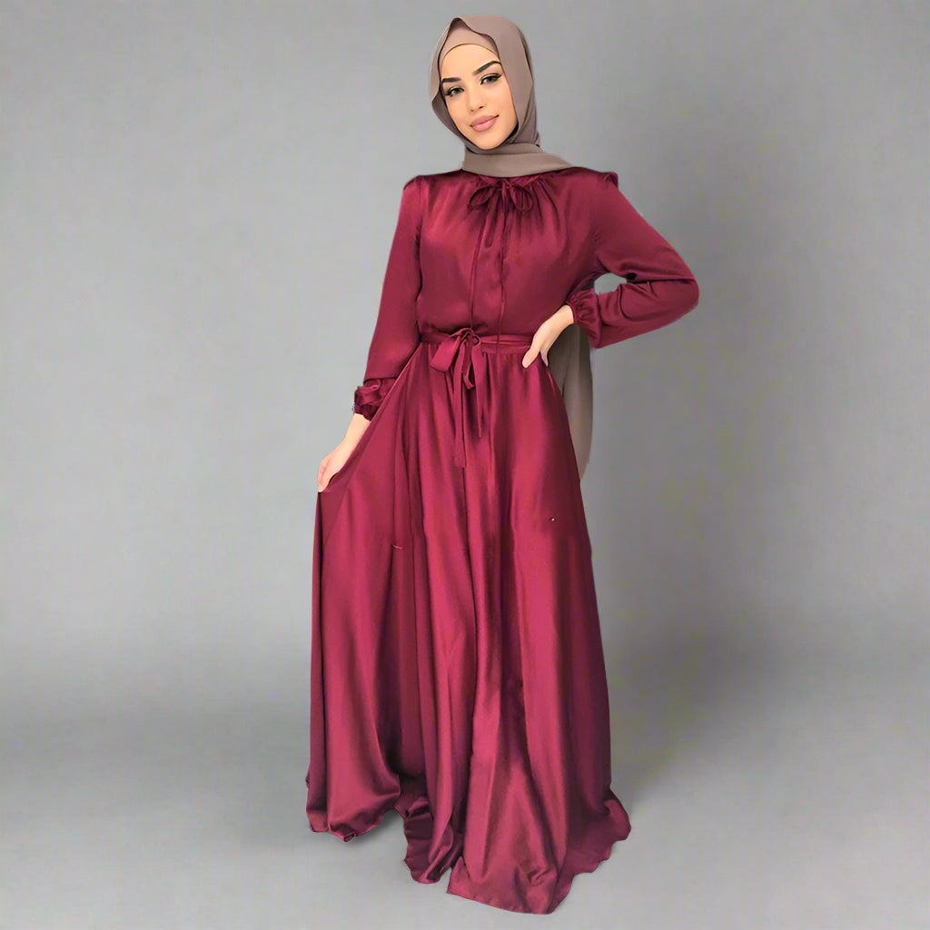 8 Colors Option Muslim Women Satin Abaya Dress