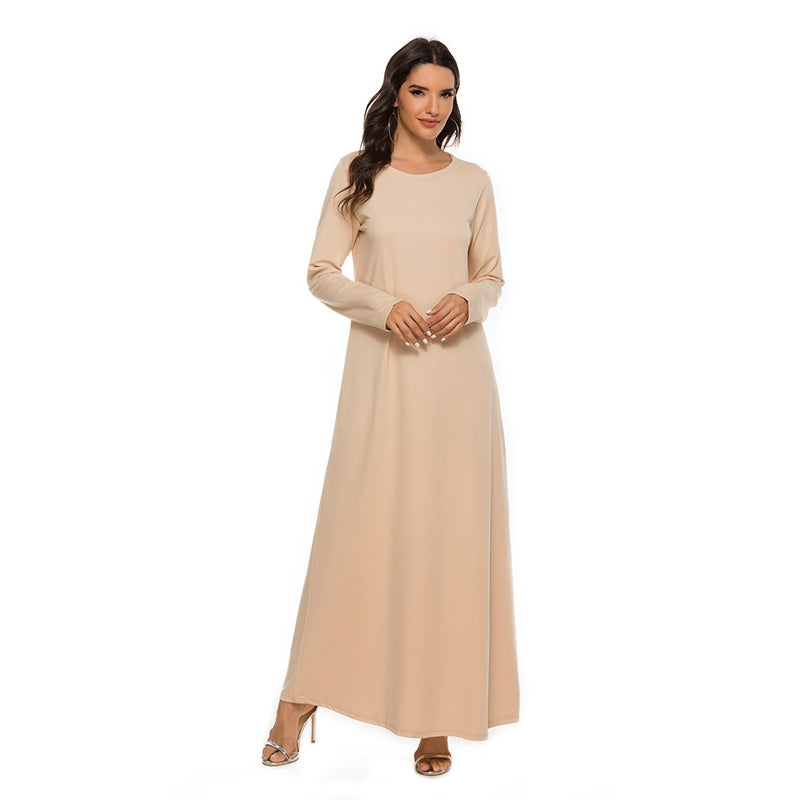 Muslim Women Long Sleeve Cotton Abaya Inner Dress - L, White Muslim Women Long Sleeve Cotton Abaya Inner Dress - L, White