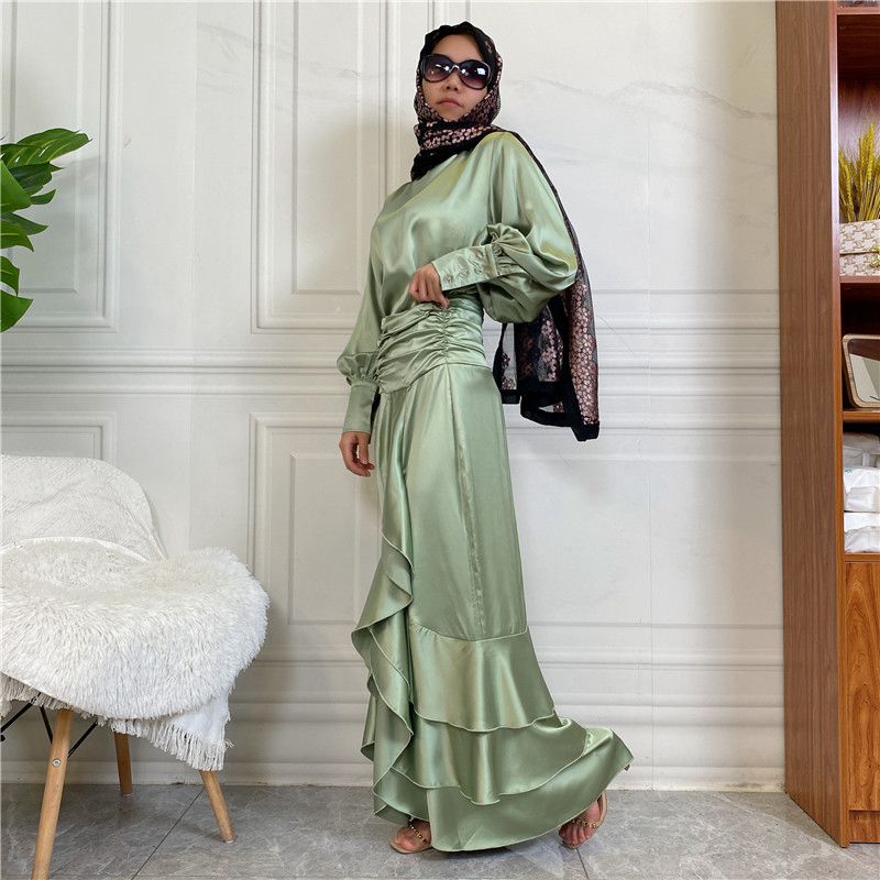Muslim Women Satin Robe Dress 2 Pieces Set With Top And Skirt