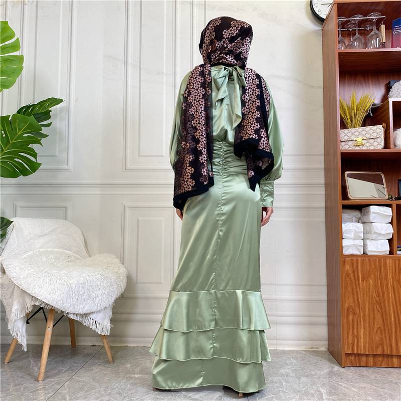 Muslim Women Satin Robe Dress 2 Pieces Set With Top And Skirt