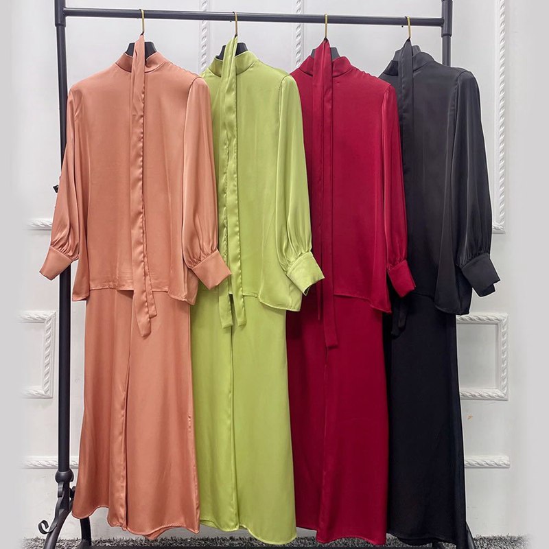 Muslim Women Abaya Pants Set Satin Office Wear Work Clothing 2 Pieces Suit Set With Tops And Pant