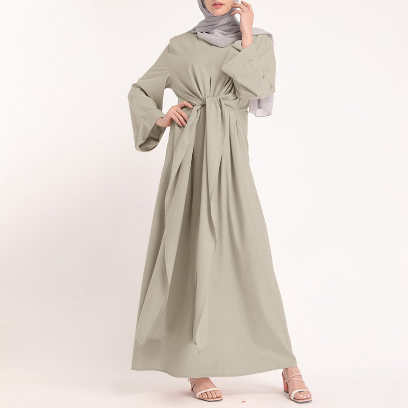 S-5XL Muslim Women Solid Color Plain Belted Abaya Dress