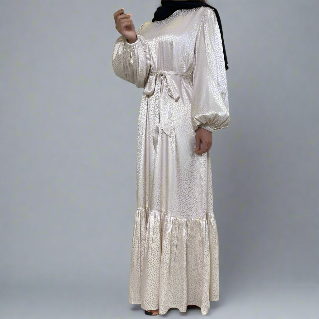 Muslim Women Fashion Satin Printed Abaya Dress With Pocket