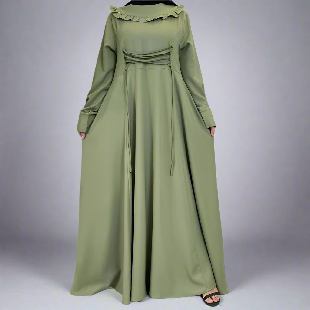 Muslim Women Solid Color Pleated Abaya Dress