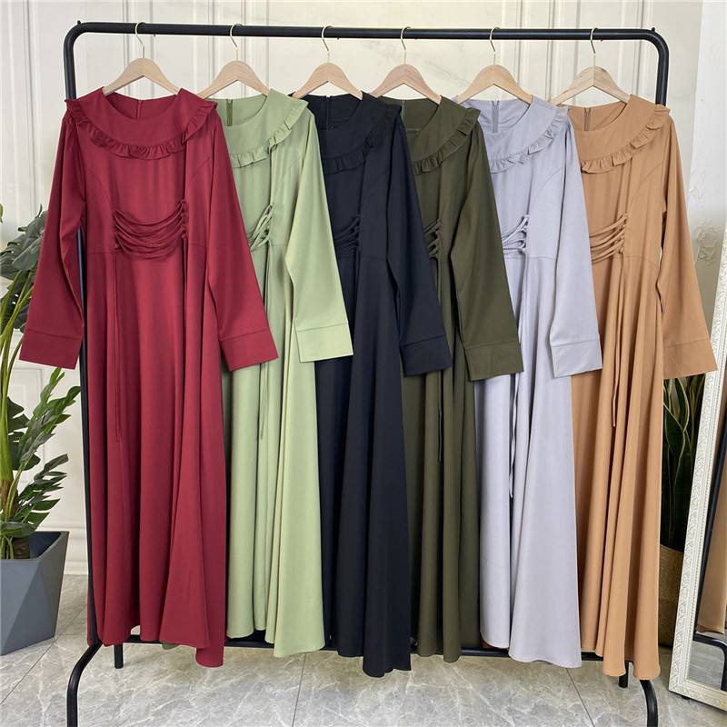 Muslim Women Solid Color Pleated Abaya Dress