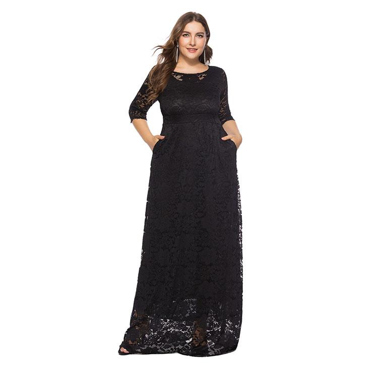 Elegant Plus Size Lace Women Maxi Wedding Formal Dress With Pocket For Mother Of The Groom/Bride
