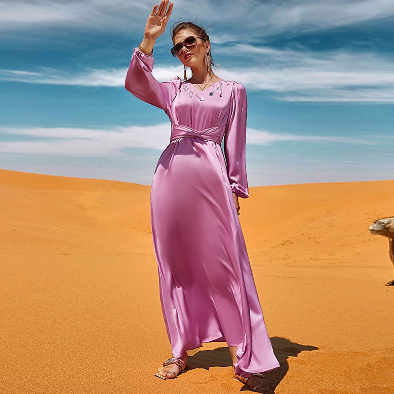 Eid Dress Muslim Women Hand-stitched Rhinestone Satin Abaya Kaftan