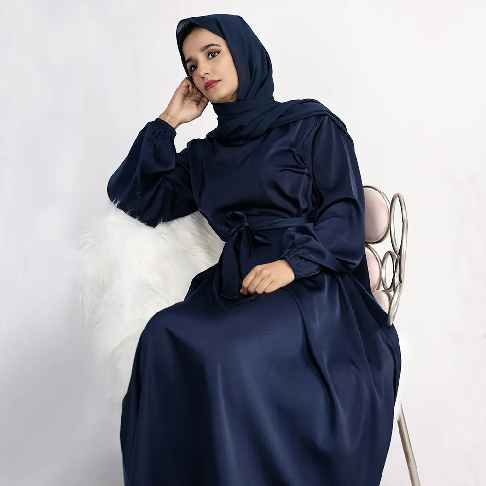 Middle East Turkish Dubai Muslim Women Satin Abaya Dress With Hijab Scarf