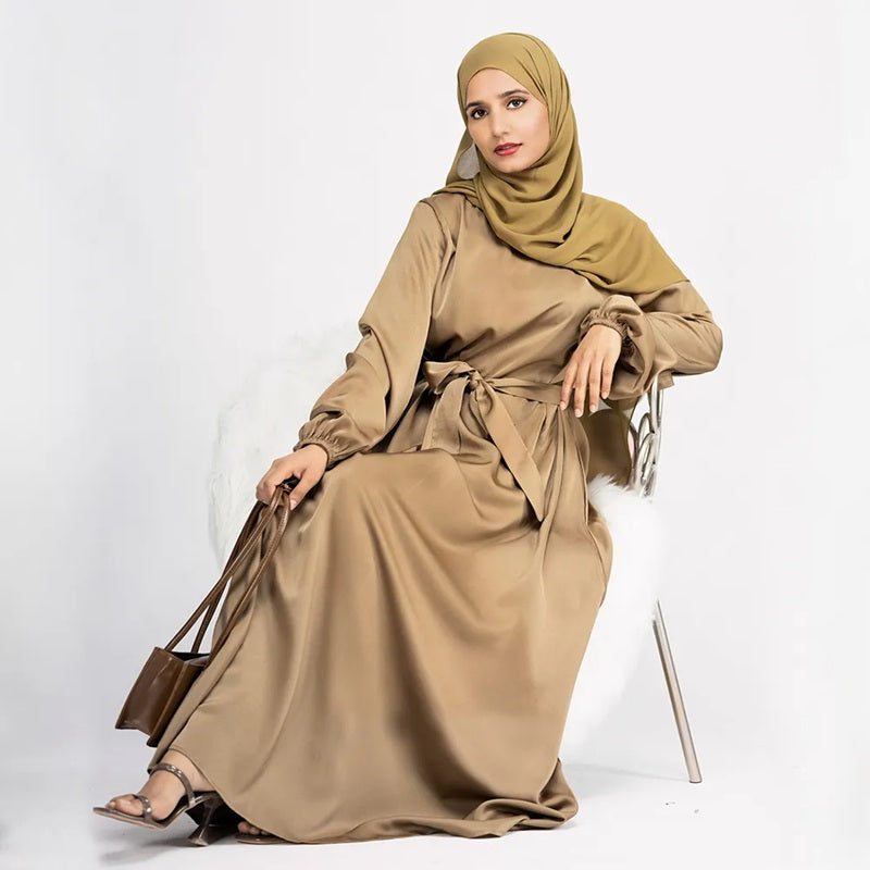 Middle East Turkish Dubai Muslim Women Satin Abaya Dress With Hijab Scarf