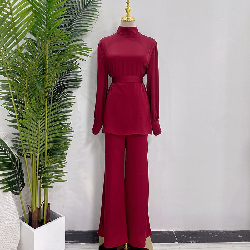 Muslim Women Abaya Pants Set Satin Office Wear Work Clothing 2 Pieces Suit Set With Tops And Pant