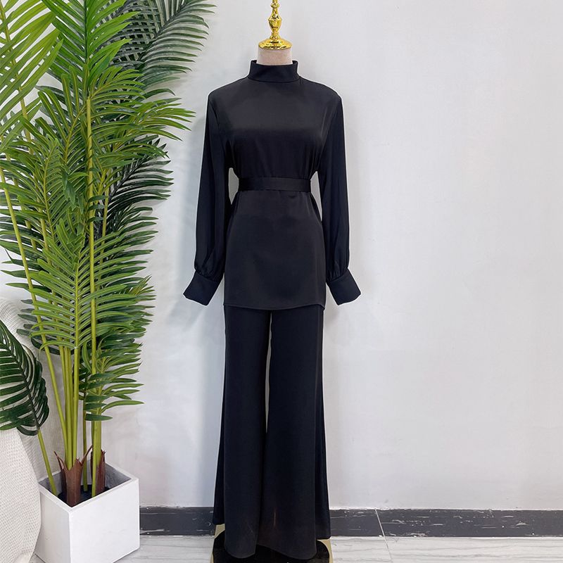 Muslim Women Abaya Pants Set Satin Office Wear Work Clothing 2 Pieces Suit Set With Tops And Pant