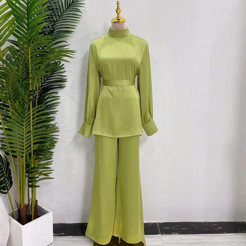 Muslim Women Abaya Pants Set Satin Office Wear Work Clothing 2 Pieces Suit Set With Tops And Pant