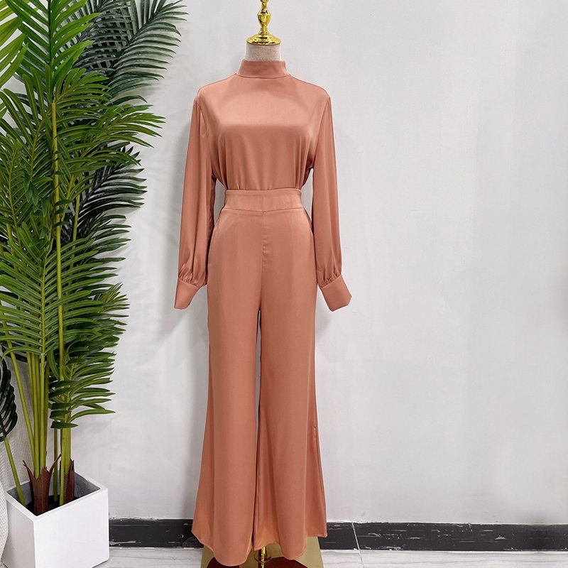 Muslim Women Abaya Pants Set Satin Office Wear Work Clothing 2 Pieces Suit Set With Tops And Pant