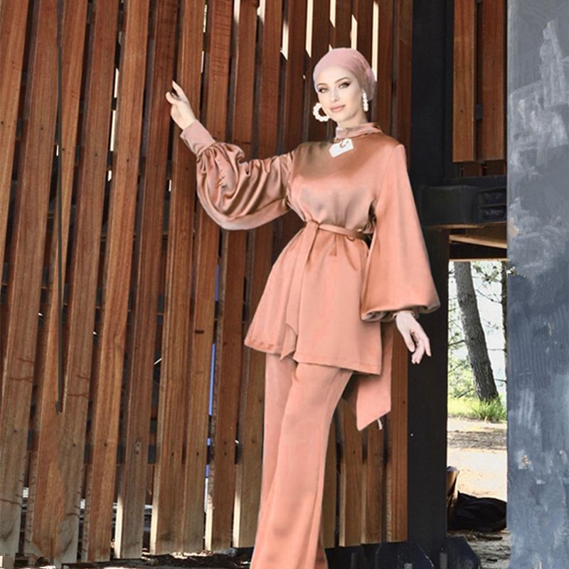 Muslim Women Abaya Pants Set Satin Office Wear Work Clothing 2 Pieces Suit Set With Tops And Pant